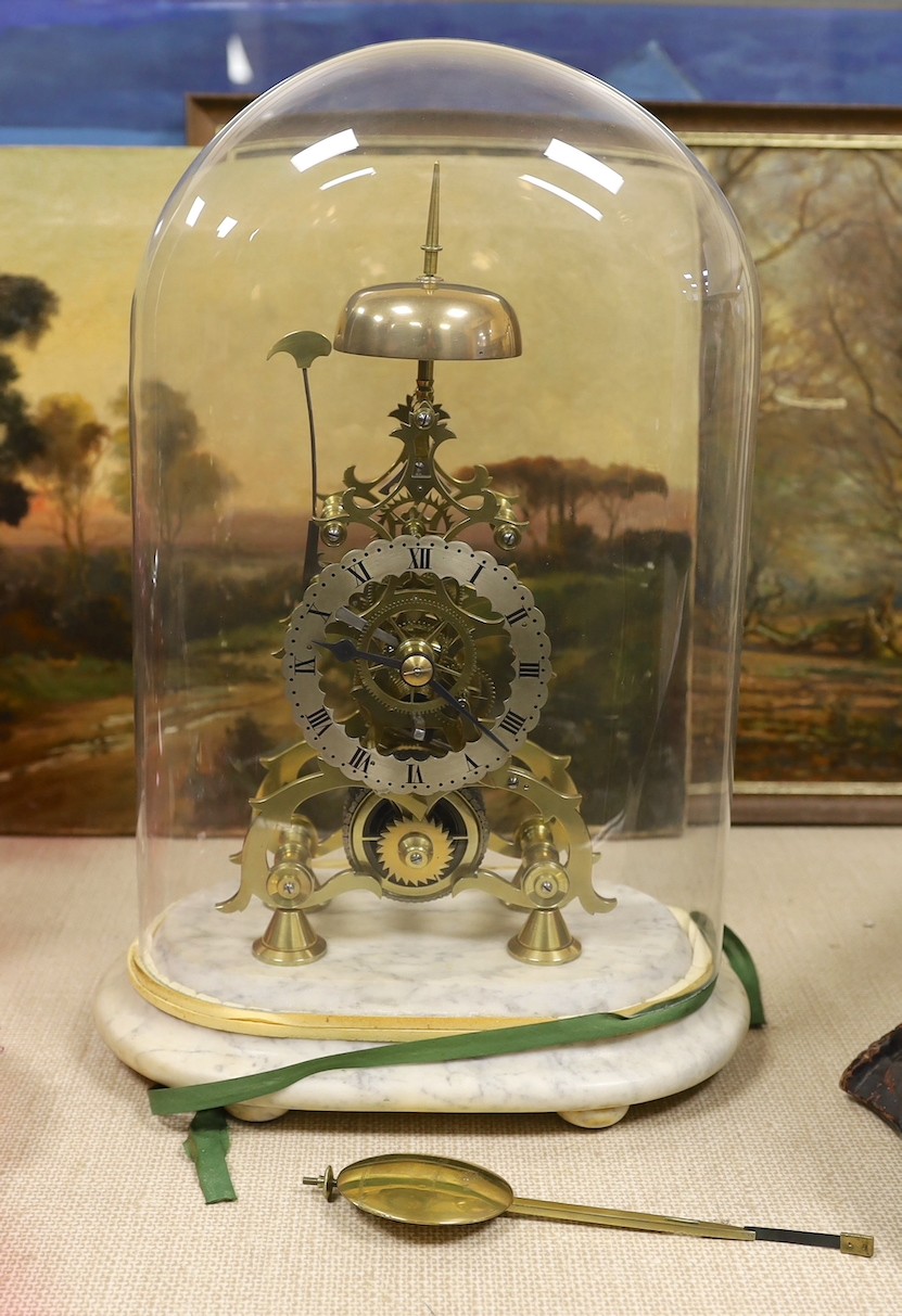 A brass skeleton clock under glass dome on marble base, single fusee, 45 cms high.